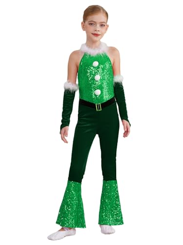 iiniim Mädchen Weihnachtsmann Kostüm Weihnachten Body Overall mit Armstulpen Jumpsuit Pailletten Schlaghose Weihnachtskostüm Weihnachtsoutfits Grün 170-176 von iiniim