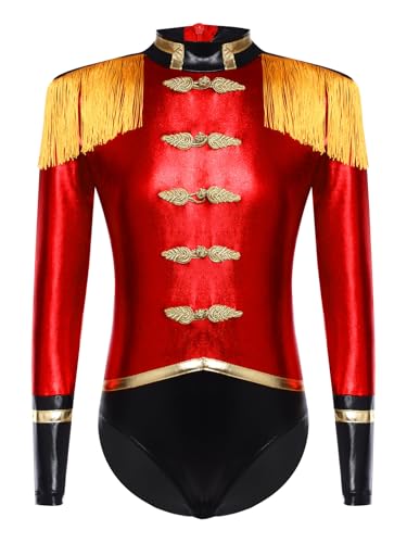 iiniim Mädchen Zirkus Kostüm Metallic Tanzbody Langarm Body Overall mit Quasten Ringmaster Zirkusdirektor Uniform Show Bühnen Tanzkostüm Rot 170-176 von iiniim