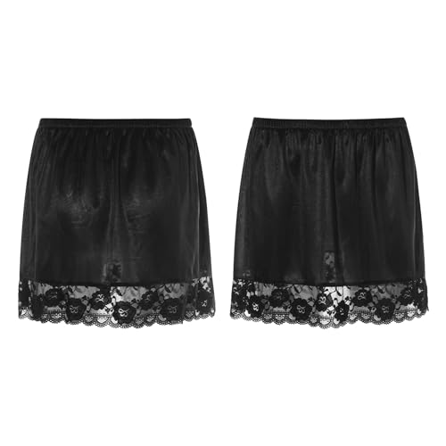 iiniim Unterrock für Damen Eisseide Kurz Halbrock mit Spitzensaum Überknielang Halb Slip Hohe Taille Underskirt Unterkleid Reizwäsche Dessous Type A Schwarz One Size von iiniim