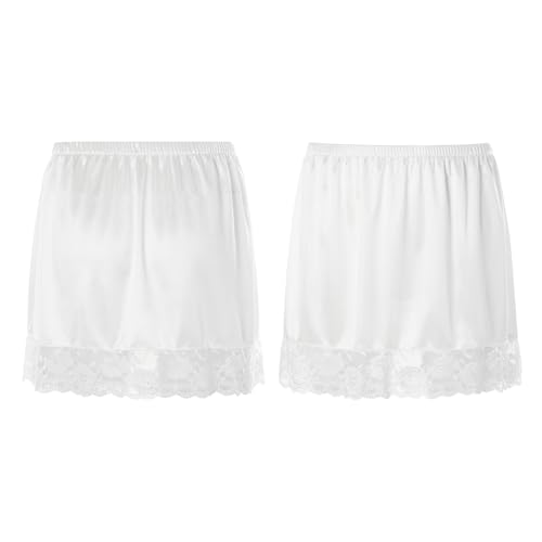 iiniim Unterrock für Damen Eisseide Kurz Halbrock mit Spitzensaum Überknielang Halb Slip Hohe Taille Underskirt Unterkleid Reizwäsche Dessous Type A Weiß One Size von iiniim