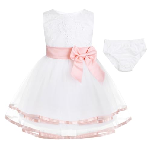 iixpin Babybekleidung Baby Mädchen Prinzessin Hochzeit Taufe Kleid Tüll Partykleid Blumenmädchenkleid Taufkleid mit Baumwollhose Festzug Kleidung Perle Rosa 68-74 von iixpin