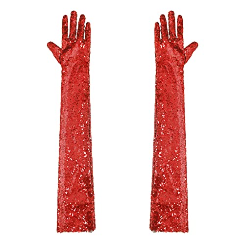 iixpin Damen Glitzernde Handschuhe Lange Stulpenärmel Abendhandschuhe Finger Pailletten Handschuhe für Mottoparty Silvester Kostüm Rot Einheitsgröße von iixpin