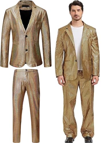 iksya Herren 2 Teilige Disco Blazer - 70er 80er Glänzende Jacke und Hose Metallic Paillettenanzüge Discokugel Party Karneval Kustüm Hochzeit Glänzender Anzug (Color : Gold, Size : S) von iksya