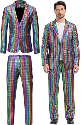 iksya Herren 2 Teilige Disco Blazer - 70er 80er Glänzende Jacke und Hose Metallic Paillettenanzüge Discokugel Party Karneval Kustüm Hochzeit Glänzender Anzug (Color : Rainbow, Size : XXL) von iksya