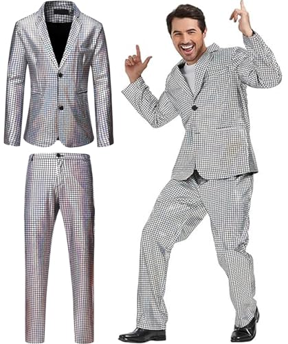 iksya Herren 2 Teilige Disco Blazer - 70er 80er Glänzende Jacke und Hose Metallic Paillettenanzüge Discokugel Party Karneval Kustüm Hochzeit Glänzender Anzug (Color : Silver, Size : XL) von iksya