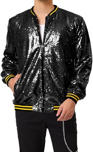 iksya Herren Metallic Paillettenjacke mit Reißverschluss Baseball Bomberjacke für Halloween 70er 80er Party Dance Disco Metallic Glänzend Kostüm (Color : Black, Size : L) von iksya