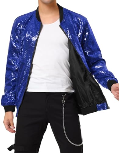 iksya Herren Metallic Paillettenjacke mit Reißverschluss Baseball Bomberjacke für Halloween 70er 80er Party Dance Disco Metallic Glänzend Kostüm (Color : Blue, Size : L) von iksya