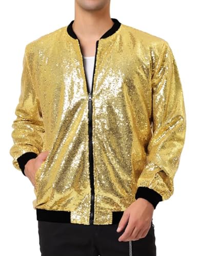 iksya Herren Metallic Paillettenjacke mit Reißverschluss Baseball Bomberjacke für Halloween 70er 80er Party Dance Disco Metallic Glänzend Kostüm (Color : Gold, Size : M) von iksya