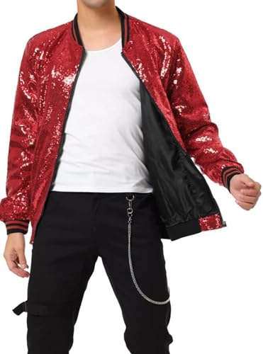 iksya Herren Metallic Paillettenjacke mit Reißverschluss Baseball Bomberjacke für Halloween 70er 80er Party Dance Disco Metallic Glänzend Kostüm (Color : Red, Size : L) von iksya