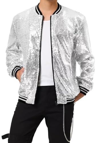 iksya Herren Metallic Paillettenjacke mit Reißverschluss Baseball Bomberjacke für Halloween 70er 80er Party Dance Disco Metallic Glänzend Kostüm (Color : Silver, Size : L) von iksya