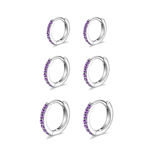 Hellviolett Creolen Ohrringe für Damens, Ohrringe 925 Sterling Silber Kleine Hellviolett Creolen mit AAA Zirkonia, 3 Paar hypoallergene kleine Sleeper Huggie Creolen Ohrringe von ilasif