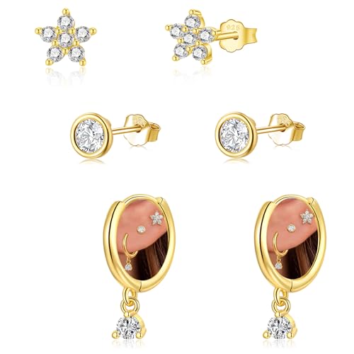 Ohrringe Gold Ohrringe Silber 925, 3 Paar Ohrstecker Silber 925 14K Vergoldete Ohrringe Stecker für Mehrere Piercings Tragus Schlafen, Hypoallergen Ohrringe Set für Damen Mädchen (gold) von ilasif