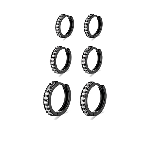 Schwarz Creolen Ohrringe fr Damen - 925 Sterling Silber, Kleine Schwarz Creolen mit AAA Zirkonia, 3 Paar hypoallergene kleine Sleeper Huggie Ohrringe von ilasif