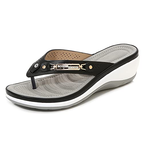 Damen Zehentrenner Flip Flops, Orthopadische Sandalen Hallux Valgus Damen, Weiche Keilabsatz Sandalen Damen mit Metalldekor, Slingpumps Pu-Leder Badelatschen mit FußGewöLbestü(Size:38EU,Color:Schwarz) von ilbcavne