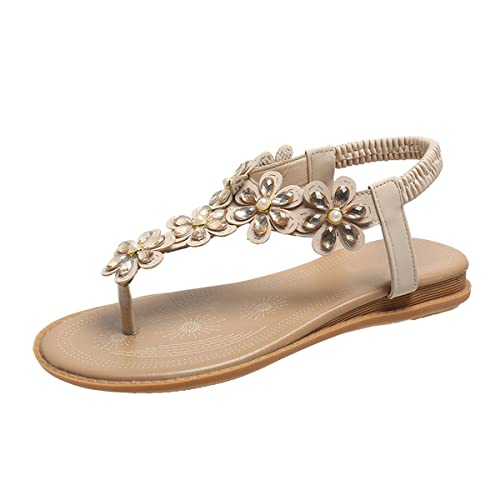 Flache Sandalen Damen Glitzer Strass Blume Weichen Sohlen Bohemia T-Riemen RöMersandalen Zehentrenner Sandaletten Gladiator Gummiband Slingback Flip Flops für Big Toe Hallux (Size:37EU,Color:Beige) von ilbcavne