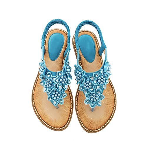 Flache Sandalen Damen Glitzer Strass Blume Weichen Sohlen Bohemia T-Riemen RöMersandalen Zehentrenner Sandaletten Gladiator Gummiband Slingback Flip Flops für Big Toe Hallux Valg(Size:37EU,Color:blau) von ilbcavne