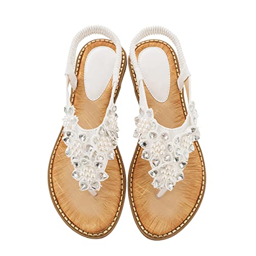 Flache Sandalen Damen Glitzer Strass Blume Weichen Sohlen Bohemia T-Riemen RöMersandalen Zehentrenner Sandaletten Gladiator Gummiband Slingback Flip Flops für Big Toe Hallux Valg(Size:40EU,Color:Weiß) von ilbcavne