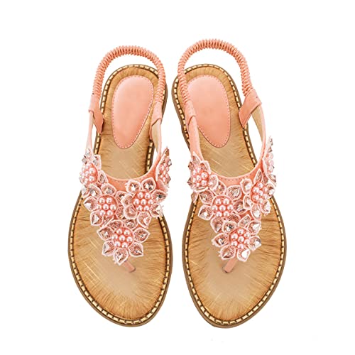 Flache Sandalen Damen Glitzer Strass Blume Weichen Sohlen Bohemia T-Riemen RöMersandalen Zehentrenner Sandaletten Gladiator Gummiband Slingback Flip Flops für Big Toe Hallux Valg(Size:38EU,Color:rosa) von ilbcavne