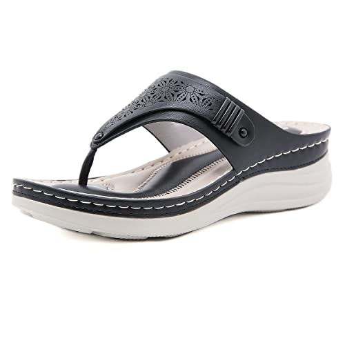 Orthopadische Sandalen Hallux Valgus Damen, Damen Zehentrenner Flip Flops mit FußGewöLbestüTze, Rutschfest Keil Flip-Flops Damen de Big Toe Hallux Valgus, Komfortable Beach Pa(Size:36EU,Color:Schwarz) von ilbcavne