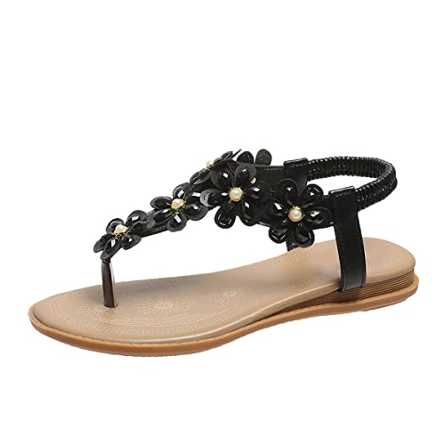 Sandalen Damen Sommer Flache Zehentrenner Blume 2022 Sandaletten Gummiband Slingback RöMersandalen mit GläNzend Strass Bohemian Flip Flops Peep Toe Strandsandalen(Size:38EU,Color:black1) von ilbcavne