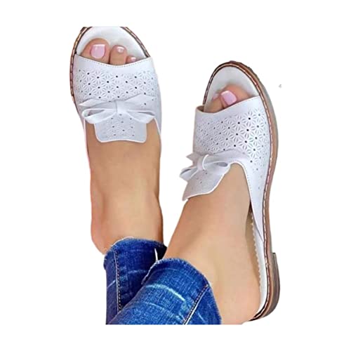 Sandalen Flach Damen Elegant Orthopadische Peep Toe Strandsandalen mit FußGewöLbestüTze, AushöHlen Bequeme Leicht Latschen Slip-On Flip Flops Schicke Freizeitschuhe Sommerschuhe(Size:43EU,Color:Weiß) von ilbcavne