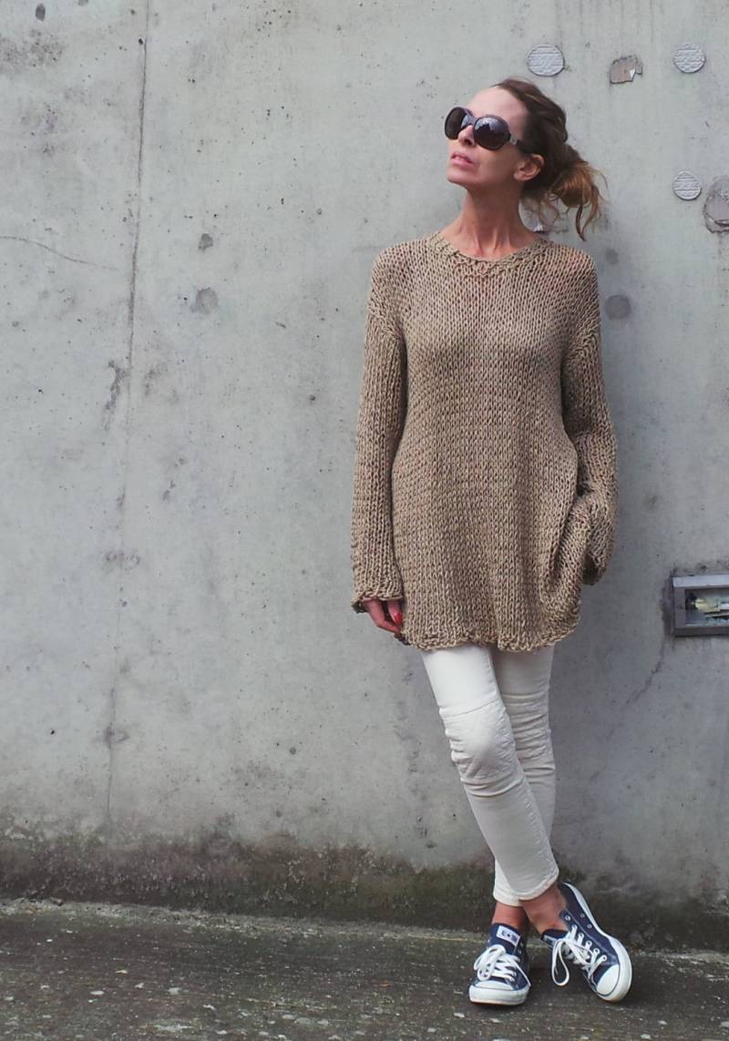 Beiges Strickkleid Recycelte Baumwollmischung, Übergroßer Langer Pullover von ileaiye