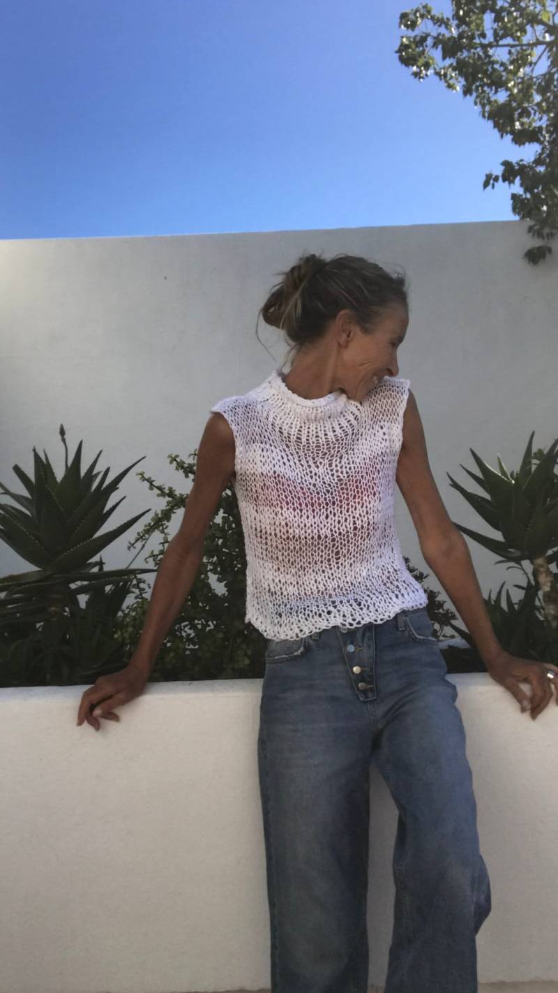 Gestreiftes Leinen Strick Tank Top High Neck Sommer Weste von ileaiye