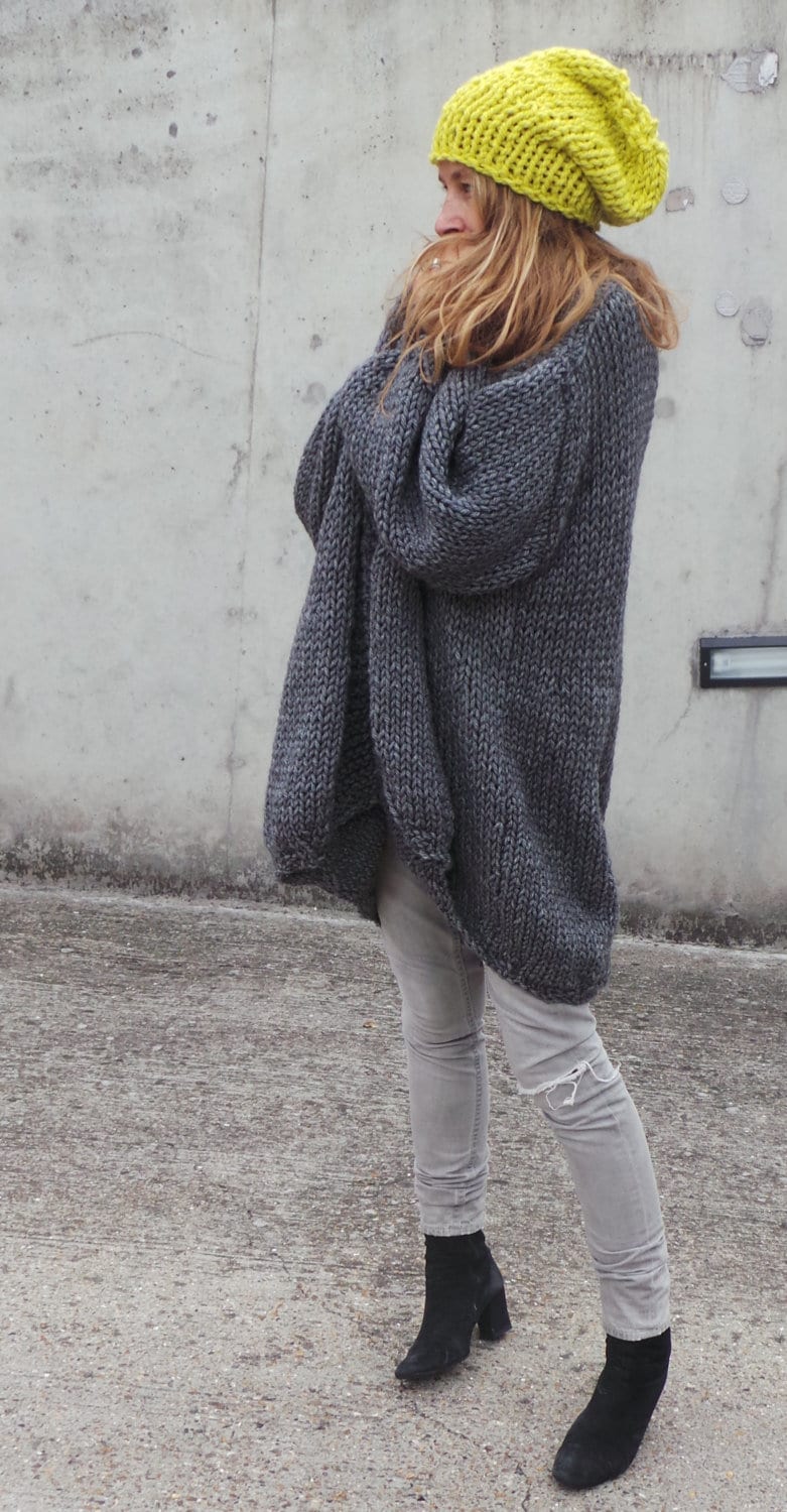 Over Sized Cardigan, Langer Cardigan Mantel Pullover, Grauer Slouchy Strickpullover, Puffärmel, Long Sweater von ileaiye