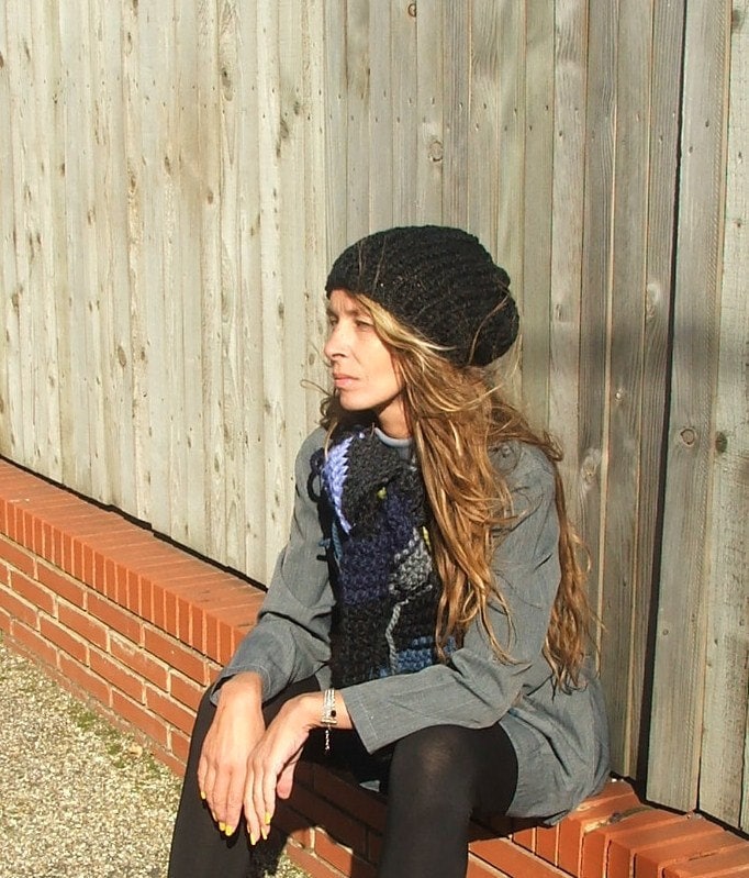 Schwarz Slouchy Beanie Grobstrick Vegan Acryl Mütze von ileaiye