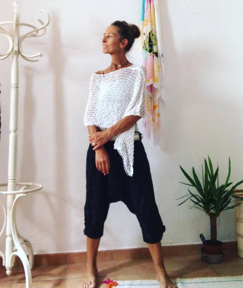 Weißer Baumwollstrick Poncho Open Weave Summer Cover-Up von ileaiye