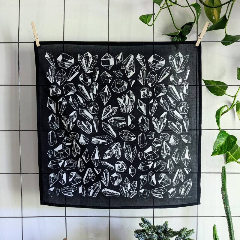 Hand Siebdruck Kristall Edelstein Bandana Schwarz Und Weiß Baumwollschal von ilikesara