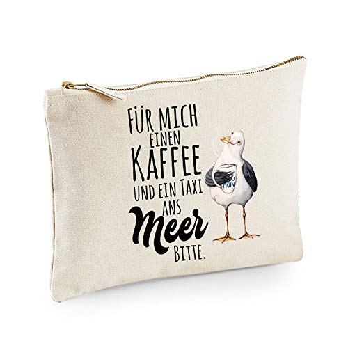 Canvas Pouch Tasche Möwe mit Pott Tasse & Spruch Kaffee und EIN Taxi ans Meer Vogel Waschtasche Kulturbeutel individuell Bedruckt cl11 ilka parey wandtattoo-welt® von ilka parey wandtattoo-welt