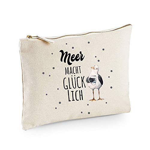 Canvas Pouch Tasche Möwe mit Pott Tasse & Spruch Meer Macht glücklich Punkte Vogel Waschtasche Kulturbeutel individuell Bedruckt cl12 ilka parey wandtattoo-welt® von ilka parey wandtattoo-welt