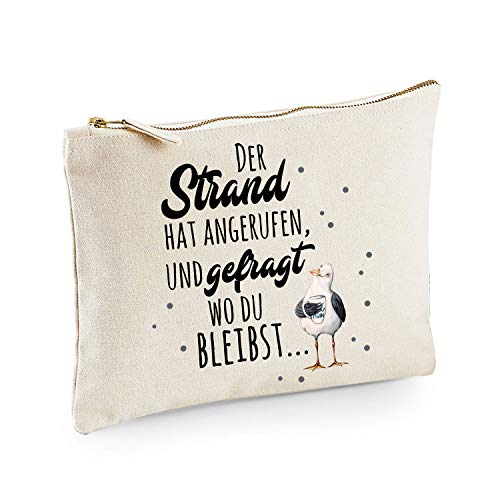 Canvas Pouch Tasche Möwe mit Pott Tasse & Spruch Strand hat angerufen Punkte Vogel Waschtasche Kulturbeutel individuell Bedruckt cl13 ilka parey wandtattoo-welt® von ilka parey wandtattoo-welt