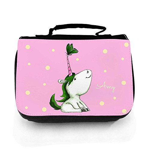 ilka parey wandtattoo-welt® Waschtasche Waschbeutel Kulturbeutel Kosmetiktasche Reisewaschtasche Einhorn pink grün mit Schmetterling und Wunschnamen wt149 von ilka parey wandtattoo-welt