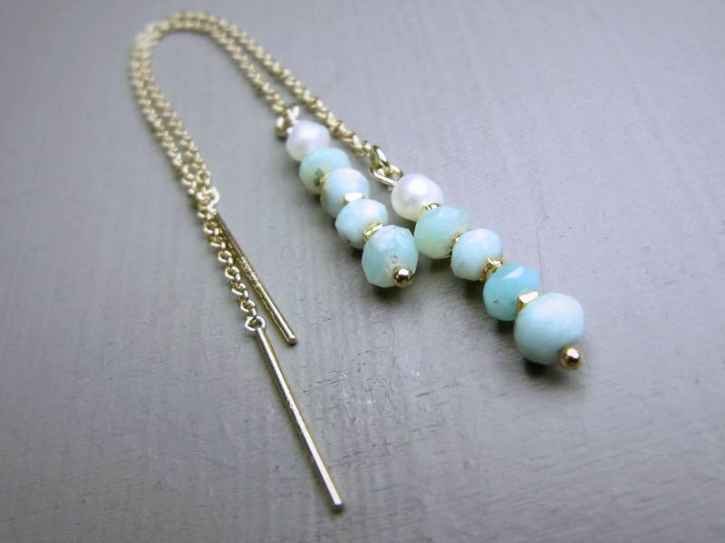 Einfädler Larimar, Fädel Ohrringe Silber, Gold Filled, Geschenk Für Sie, Kettenohrringe, Boho Summer Ohrringe, Edelstein Lang von ilkajewels