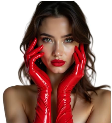 illuevagrun Naturkautschuk Latex Handschuhe für Damen mit Schleife Glänzend Cosplay Kostüm Party Clubwear (Roter, S) von illuevagrun