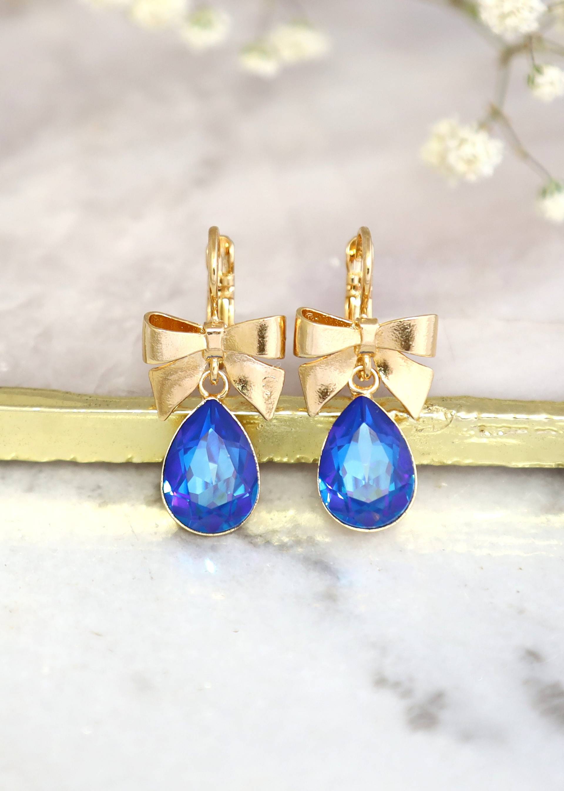 Blaue Kristallohrringe, Königsblaue Ohrringe, Braut Bogen Kristall Brautjungfern Saphir Ohrringe von iloniti