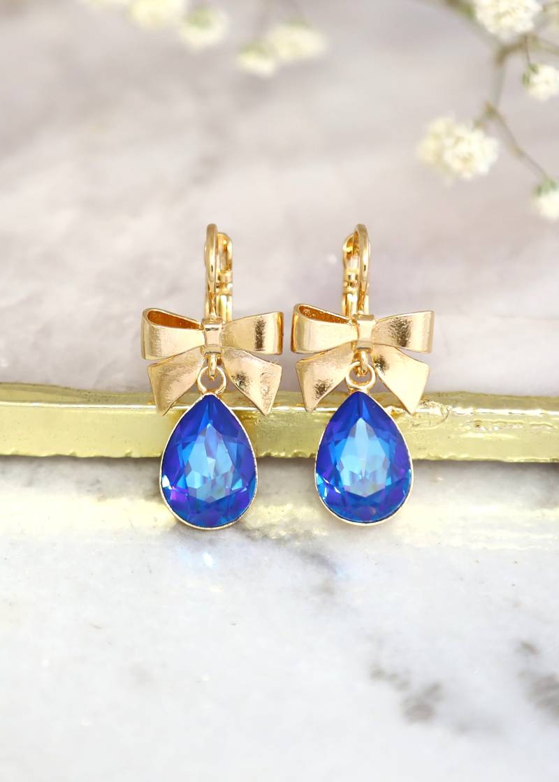 Blaue Kristallohrringe, Königsblaue Ohrringe, Braut Bogen Kristall Brautjungfern Saphir Ohrringe von iloniti