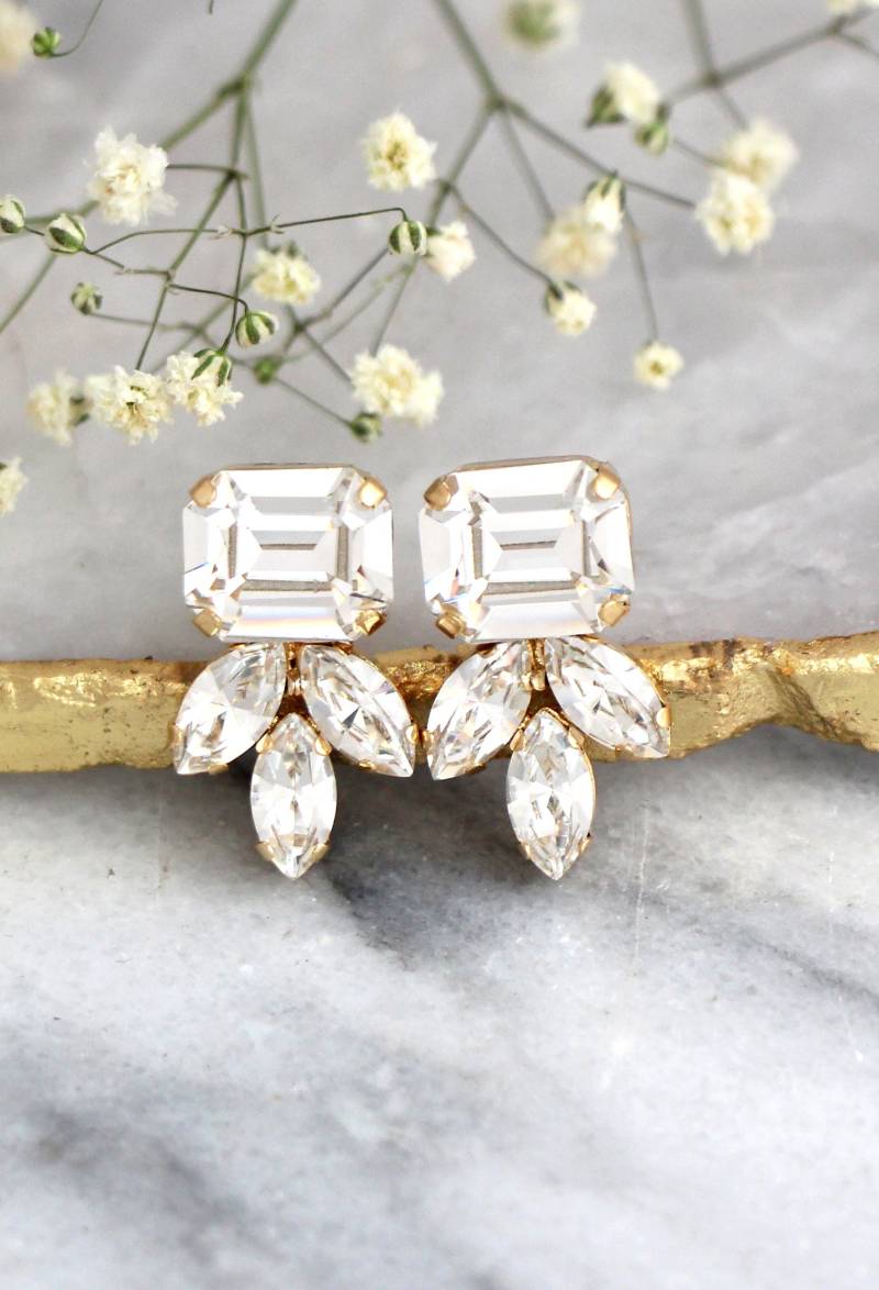 Braut Ohrringe, Kristall Weiße Brautjungfern Ohrstecker Gold Ohrringe von iloniti