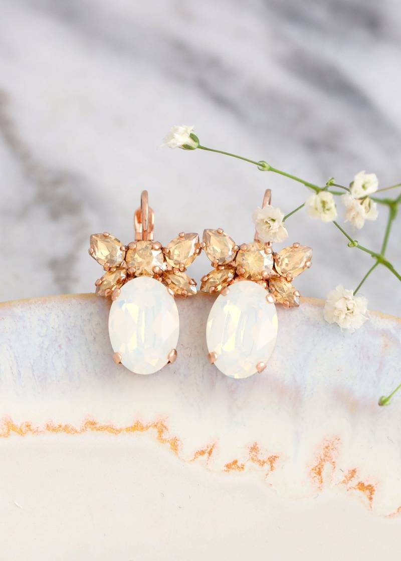 Braut Opal Tropfen Ohrringe, Weißer Kristall Brautjungfern Rose Gold Ohrringe von iloniti