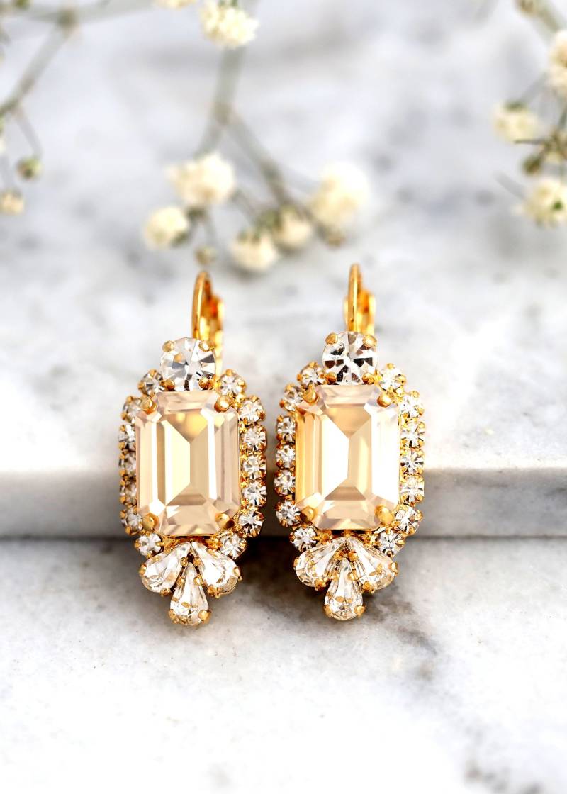 Champagner Ohrringe, Braut Kristall Gold Tropfen Brautjungfern Smaragdschliff Blaue Kristallohrringe von iloniti