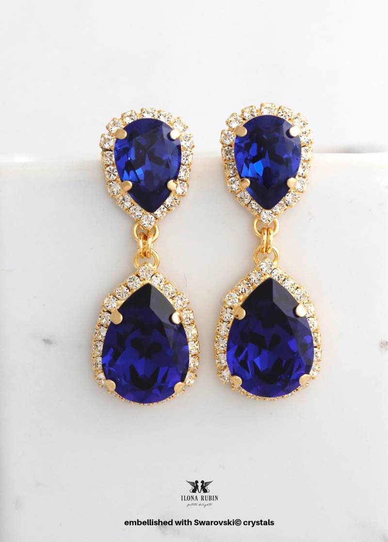 Dunkler Saphir Lange Ohrringe, Dunkelblaue Kronleuchter Ohrringe. Dunkelblaue Braut Verziert Mit Swarovski Kristall Ohrringe von iloniti