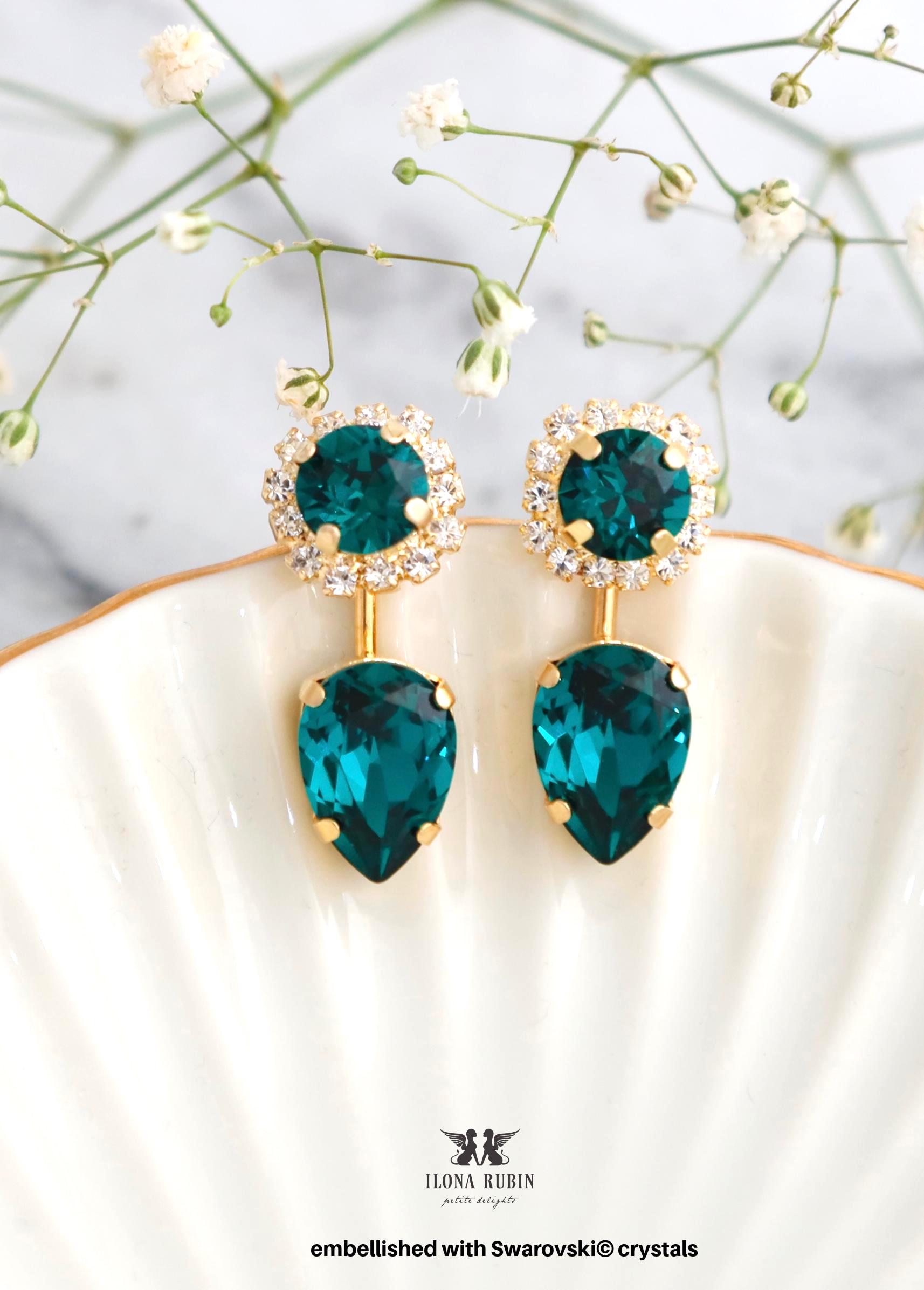 Ear Jacket Ohrringe, Smaragd Swarovski Ohrringe Crystal Green Ohrjacke Für Bräute, Swarovski-Ohrringe von iloniti