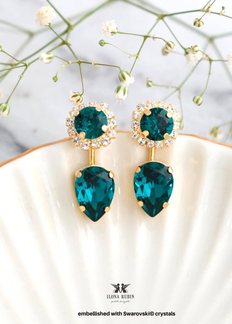 Ear Jacket Ohrringe, Smaragd Swarovski Ohrringe Crystal Green Ohrjacke Für Bräute, Swarovski-Ohrringe von iloniti