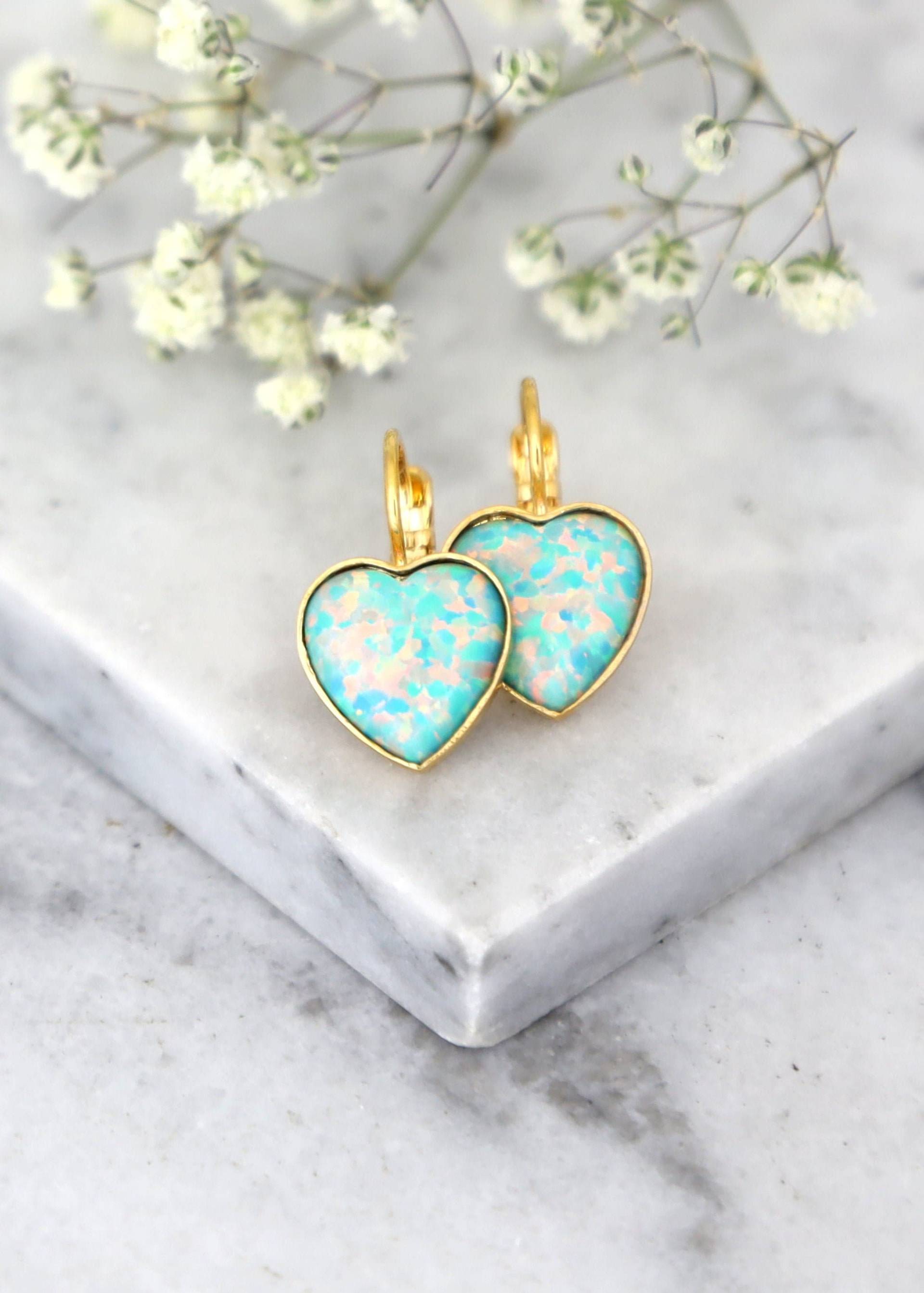 Opal Ohrringe, Grün Tropfen Herz Geschenk Für Sie, Mint Gold Schmuck von iloniti