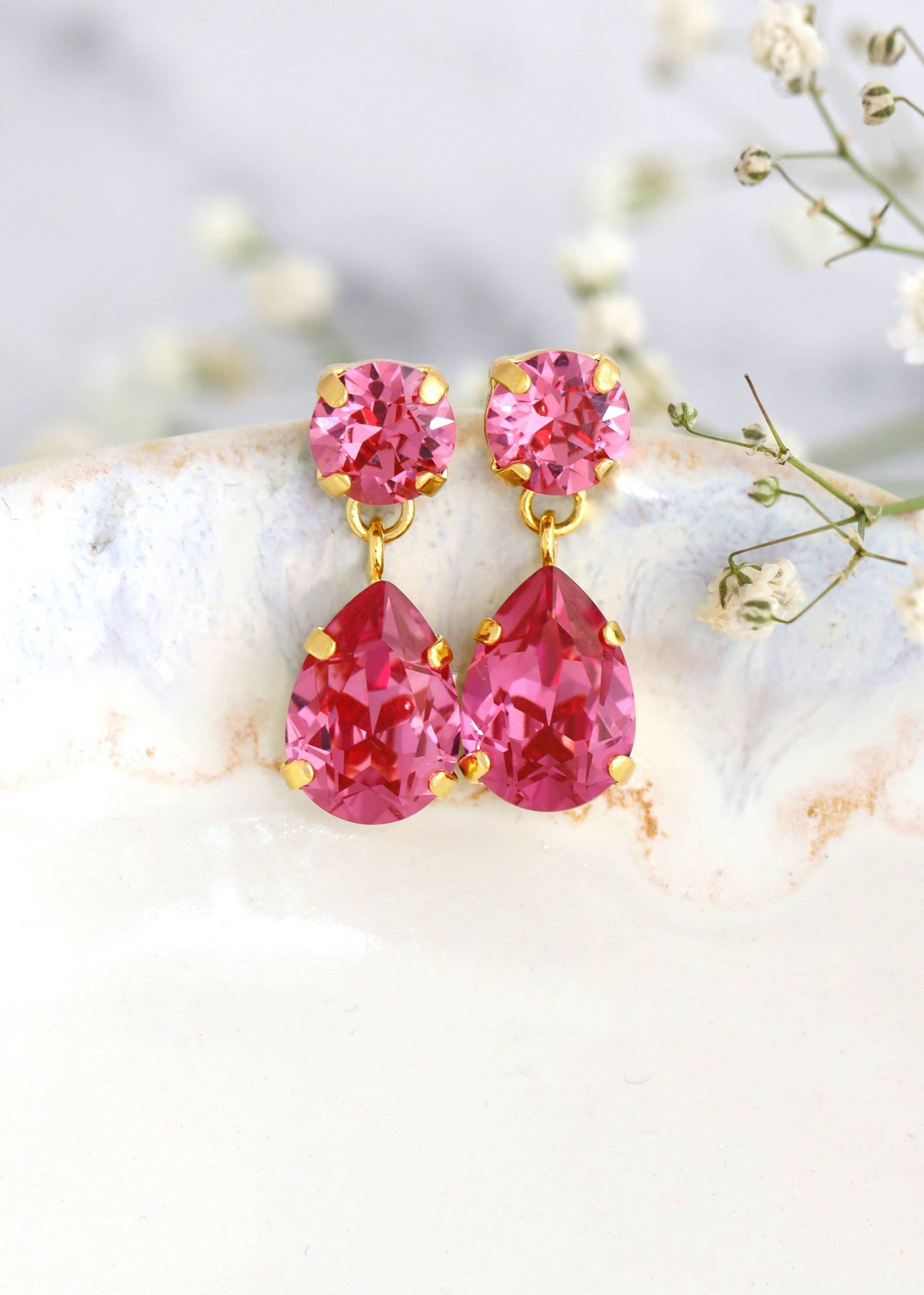 Rosa Tropfen Kristallohrringe, Heiße Rosa Kristallleuchter-Ohrringe, Brautrosen-Rosaohrringe, Brautjungfern-Rosaohrringe, Geschenk Für Sie von iloniti