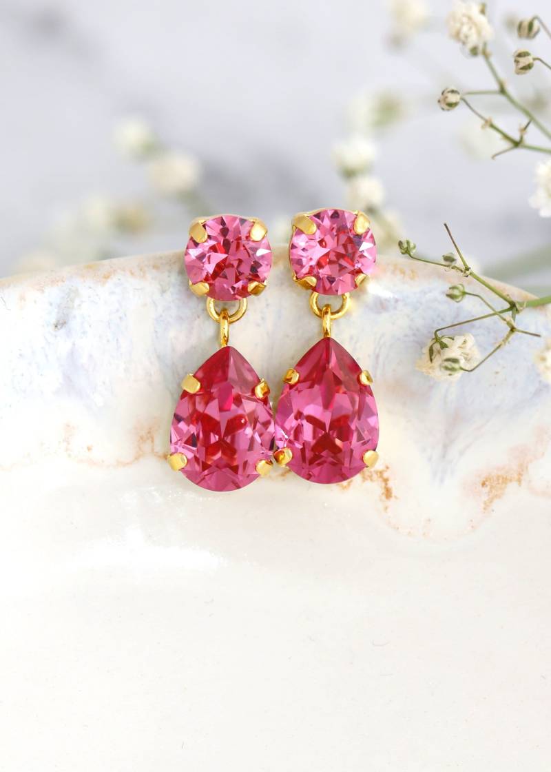 Rosa Tropfen Kristallohrringe, Heiße Rosa Kristallleuchter-Ohrringe, Brautrosen-Rosaohrringe, Brautjungfern-Rosaohrringe, Geschenk Für Sie von iloniti
