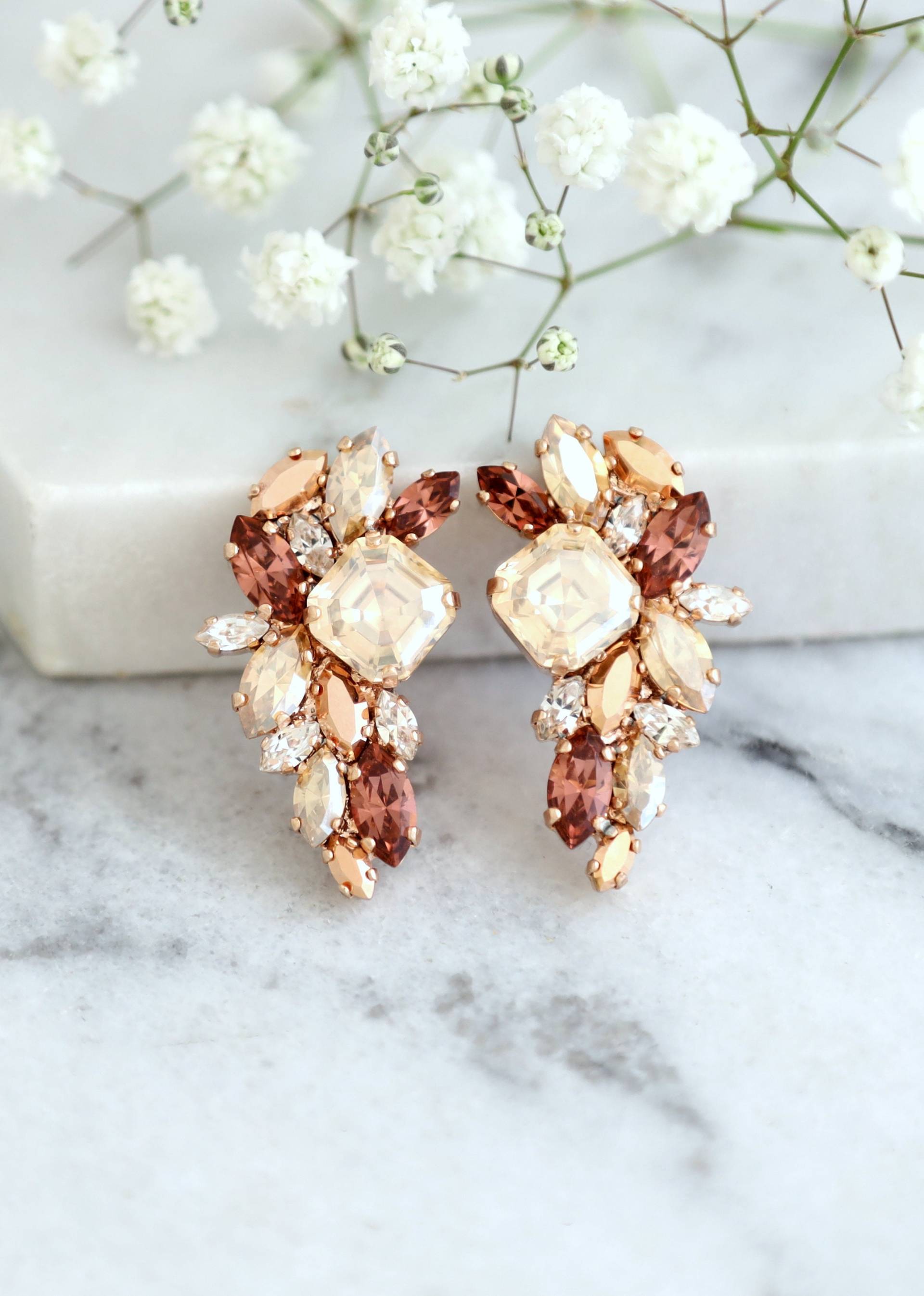 Rose Gold Cluster Ohrringe, Braut Champagner Blush Zimt Kristall Brautjungfern Ohrringe von iloniti