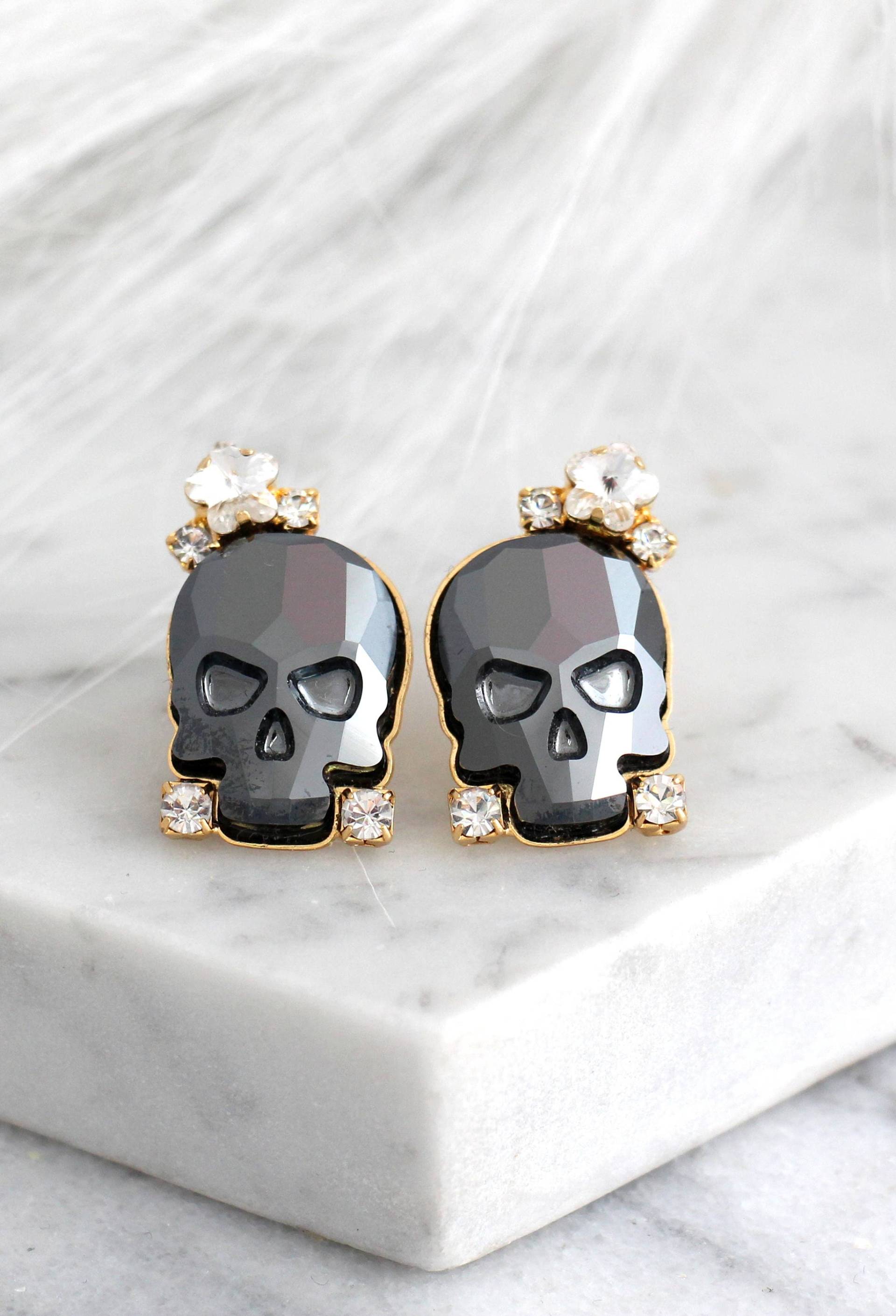 Totenkopf Ohrringe, Sugar Skull Schwarze Gothic Braut Schmuck, Rock N Roll Geschenk Für Sie, Kristall Ohrringe von iloniti